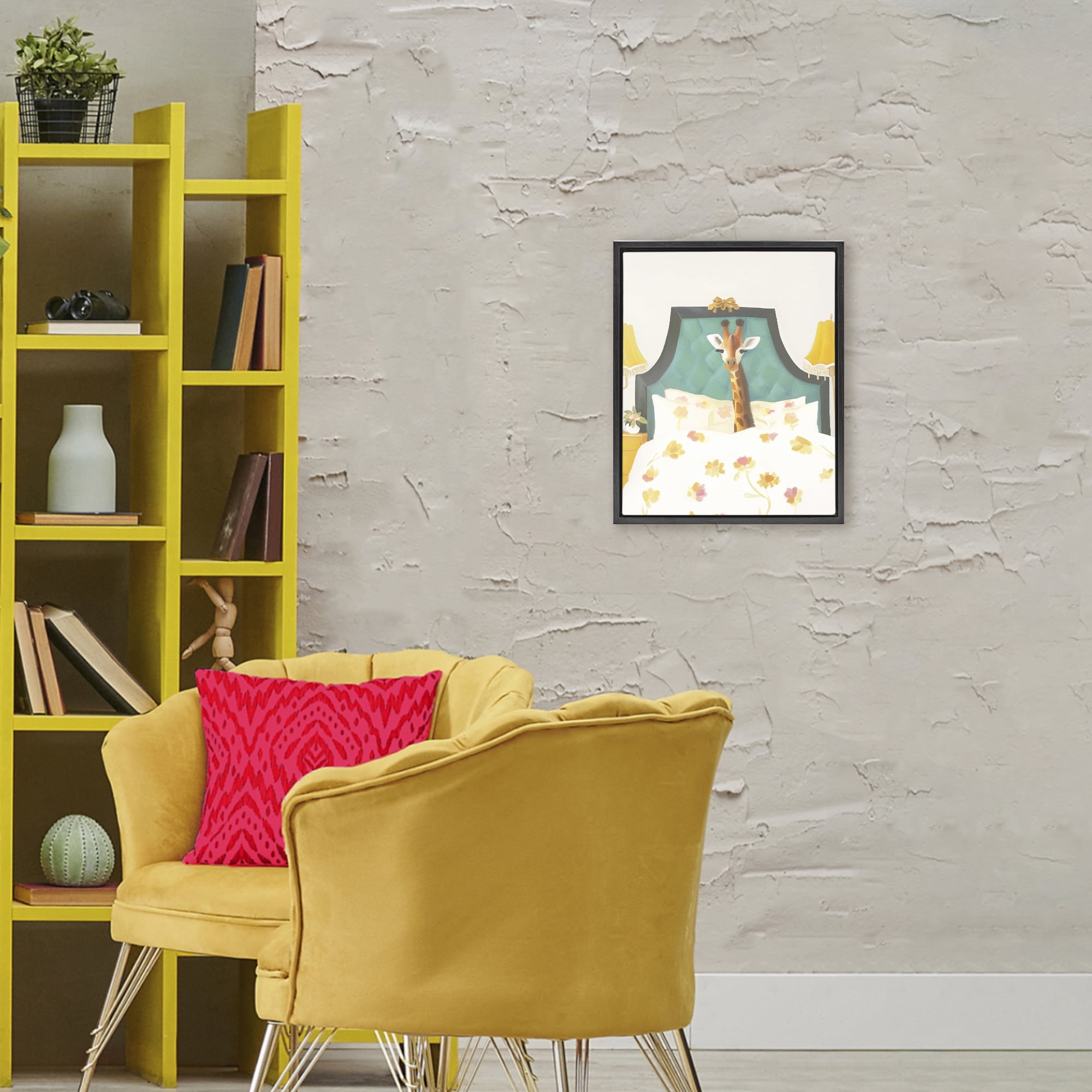 Good Morning Giraffe in Bed Black Framed Floater Canvas Wall Art, design by Leah Straatsma