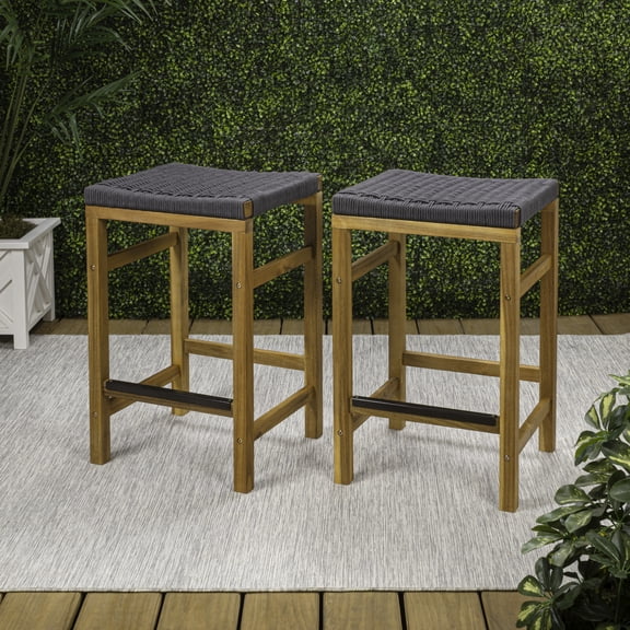 JONATHAN Y Armand Coastal Acacia Wood Backless Outdoor Counter Stools with Woven Rope Seat, Set of 2 for Patio, Kitchen and Backyard, Teak Brown and Gray CSL1201B-SET2