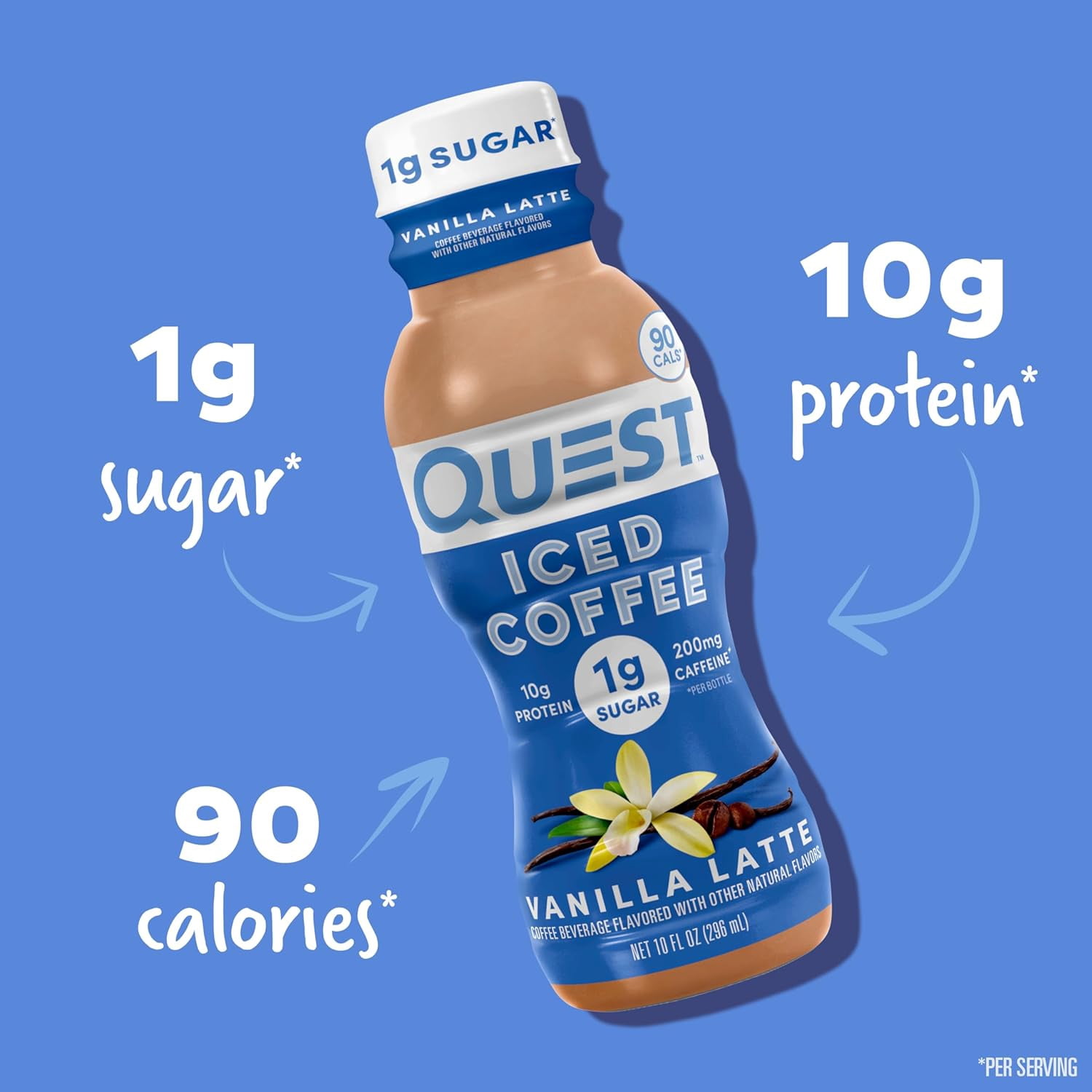 Quest Iced Coffee, Vanilla Latte, 1g Sugar, 200mg of Caffeine, 10 fl oz., 12 Count