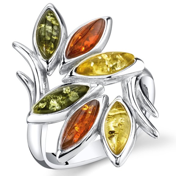 PEORA Genuine Multicolor Baltic Amber Leaf Branch Ring for Women 925 Sterling Silver, Rich Cognac, Olive Green, Honey Yellow, Size 6