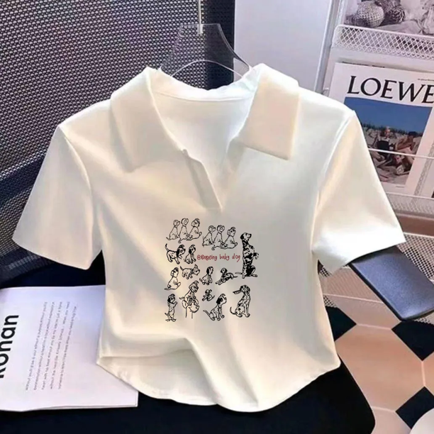 Camiseta de manga corta con cuello tipo polo para mujer, estilo nuevo de verano de 2024, top de algodón recortado, minicamisa elegante hasta la cintura para niñas