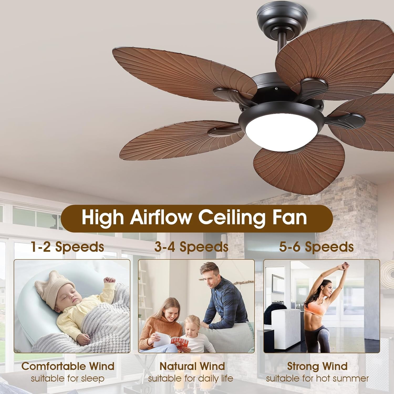 Phorus 44″ Tropical Palm Leaf Ceiling Fan with LED Light, Quiet Reversible DC Motor, Remote & App Control, Dimmable – Indoor & Covered Outdoor Patio