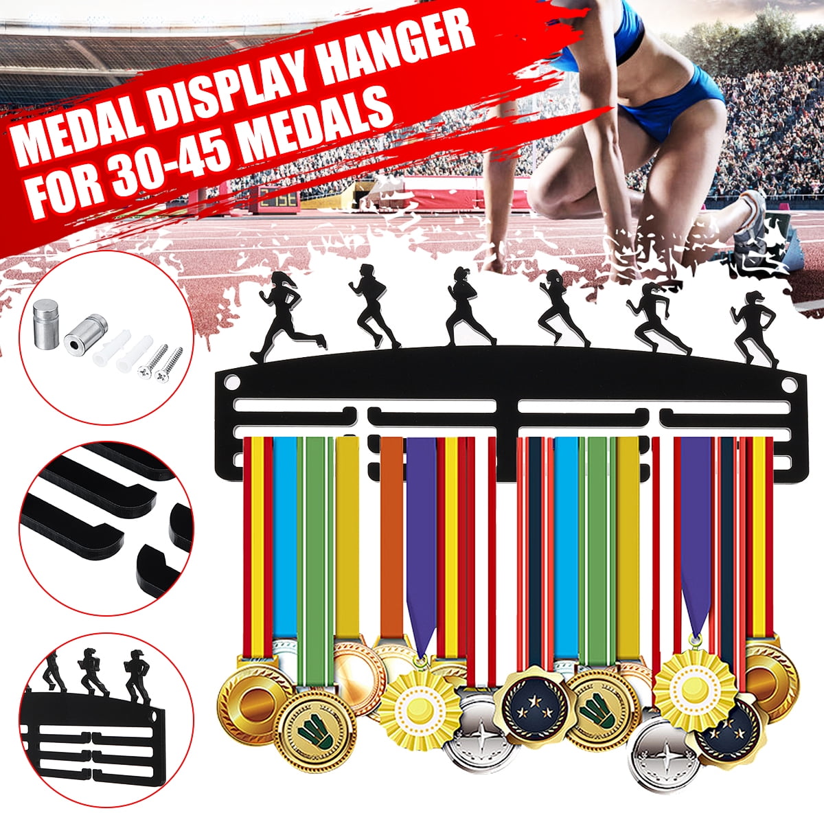 Medal Display Hanger Holder RUNNING Black Acrylic with fixings & FREE POST 