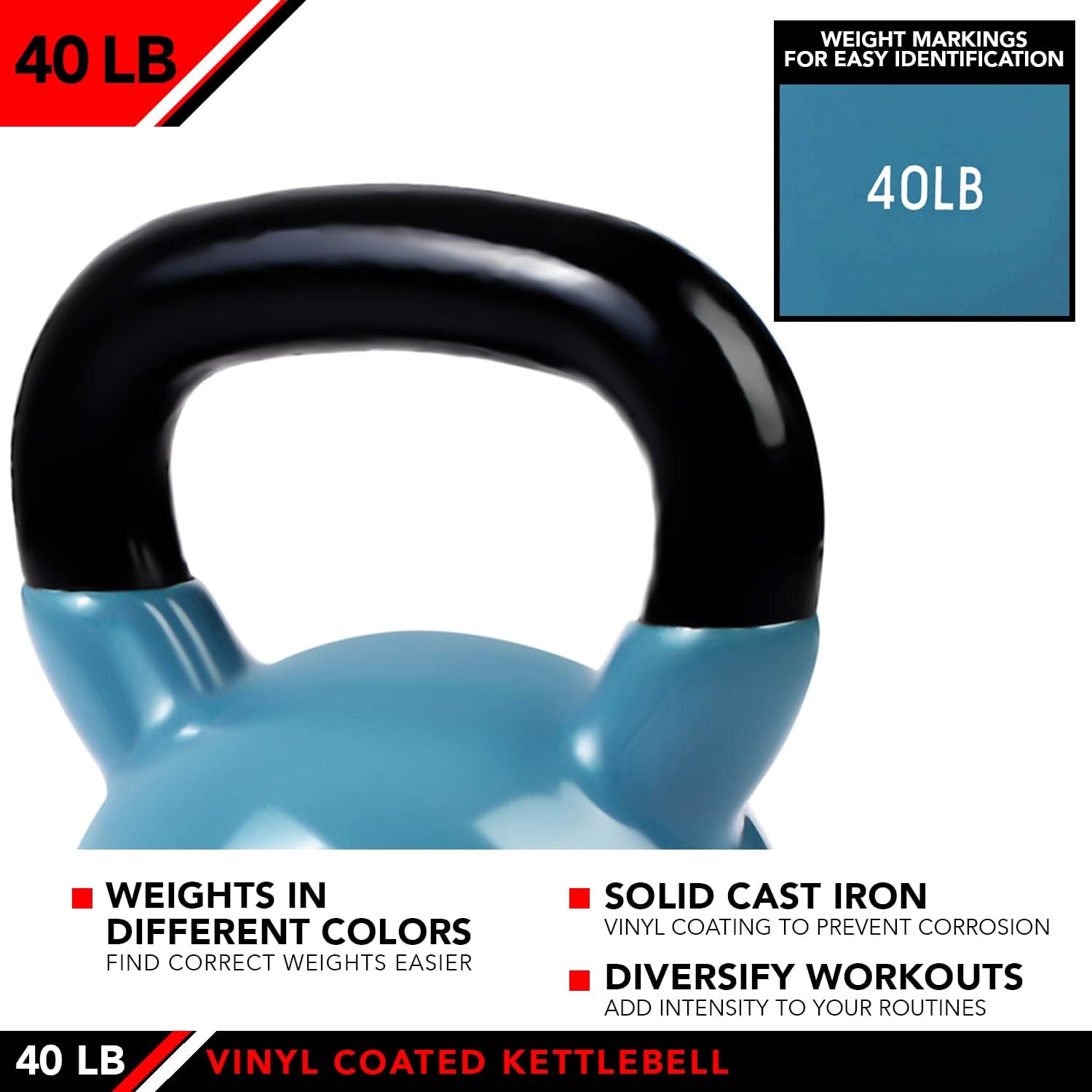 JFIT Kettlebell Weights Vinyl Coated Iron, Steel Blue, 40 LB