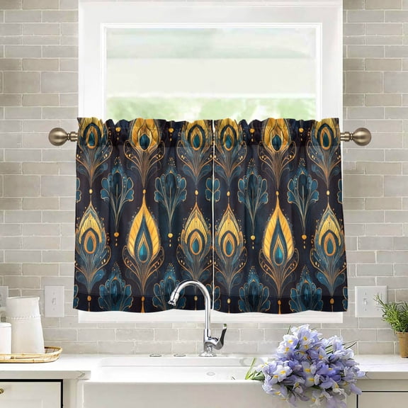 Yayeee Kitchen Curtains Light Filtering 27"x36" Rod Pocket Short Cafe Window Panel, Navy Blue Art Pattern