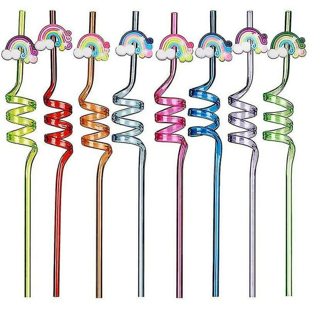 8pcs Rainbow Straws, Curly Rigid Plastic Straws Reusable Kids Drinking Straws Spiral Straws for Birthday Party Supplies, Party Table Decoration (Haoyi