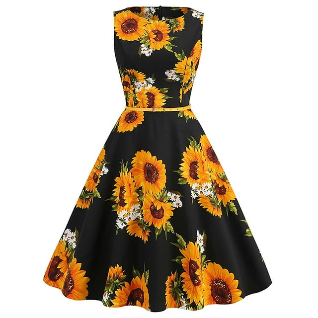 SMihono Robes Bohèmes d'Été pour Femmes Grande Taille Mode Col Rond Sans Manches Vintage Imprimé Fête Cocktail Robes Évasées Robes Extensibles Évasées