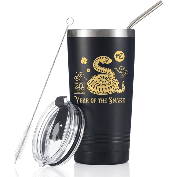 Onebttl Chinese New Year 2025 Gifts - Year of The Snake - Decorations for Lunar New Year - 20oz/590ml Double Wall Vacuum Insulated Stainless Steel Tumbler - with Lid and Straw - Black