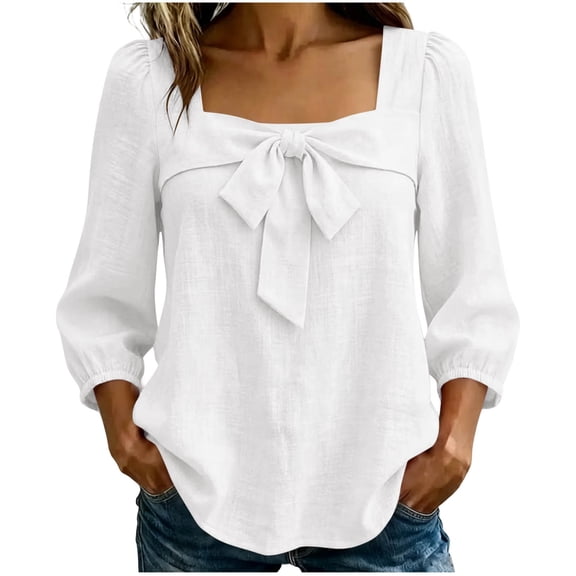Lenpel Womens Fall Tops Trendy Bow Front Square Neck Blouses Balloon 3/4 Sleeve Casual Loose Lightweight Shirts