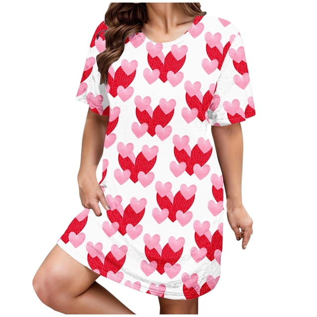Ukumplol Chemise de Nuit pour Femmes Manches Courtes Pyjamas de la Saint-Valentin Plus Imprimé Cœur Col Rond Robe de Nuit Extensible Moyenne Robe de Nuit Ample Grande Taille Marron 3TG