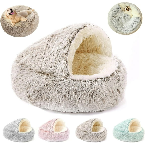 Olvys Cozy Cocoon Dog Bed, Round Plush Hooded Cave Pet Bed with Washable Fabric Non-Slip Base for Dogs Cats (Khaki,50 cm (19.7 in))