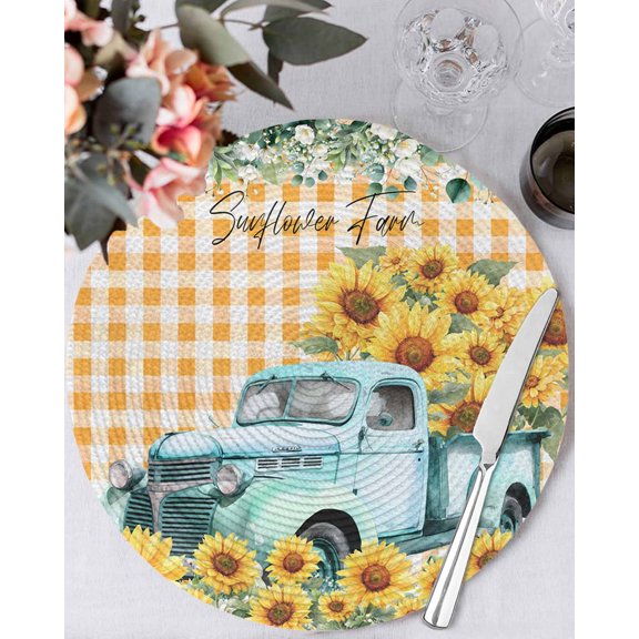 13 Inch Round Placemats Set of 6, Sunflowers Trucks Non Slip Heat Insulation PP Table Mats, Spring Farmhouse Eucalyptus Orange Plaid Washable Place Mats for Kitchen Dining Party Table Decor