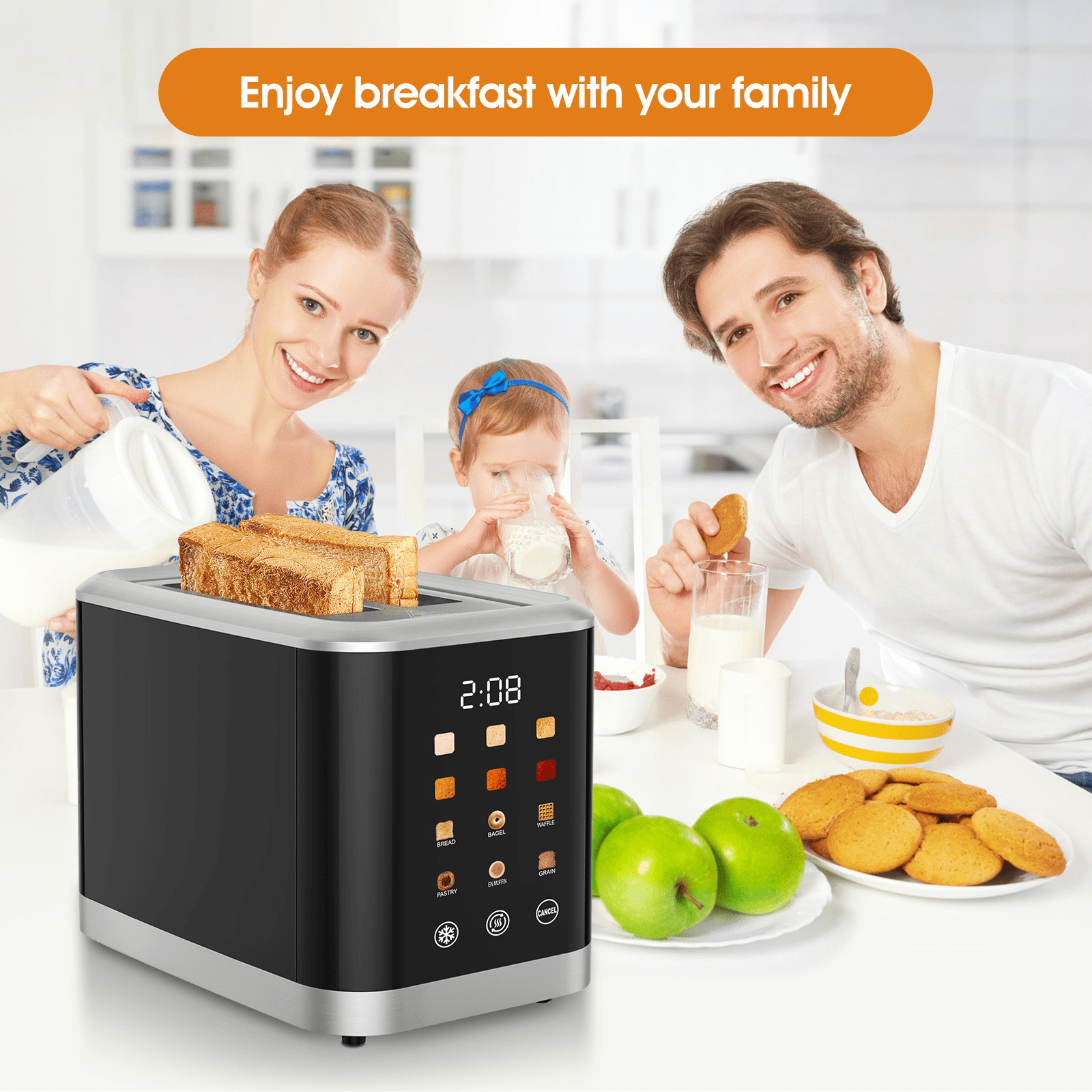 2 Slice Touch Screen Toaster | 1.5 Inch Wide Slot for Bread, English Muffins, Croissants, Bagels | 5 Adjustable Toast Settings, Cancel and Defrost, Supports 6 Bread Types and Shade Settings
