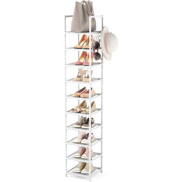 Estante alto para zapatos de 10 niveles estrecho para 10 a 15 pares de zapatos y botas, organizador de zapatos resistente para ahorrar espacio, para clóset, entrada, sala de estar, café,Blanco