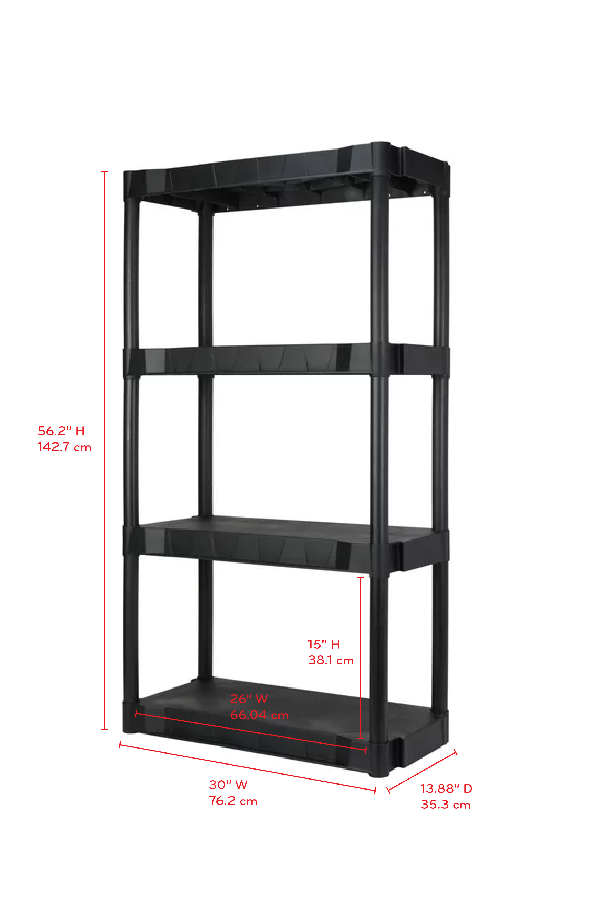 HYPER TOUGH BLACK PLASTIC 4-TIER SHELVING UNIT, 280 LB CAPACITY, 56.2X30X13.8 INCHES