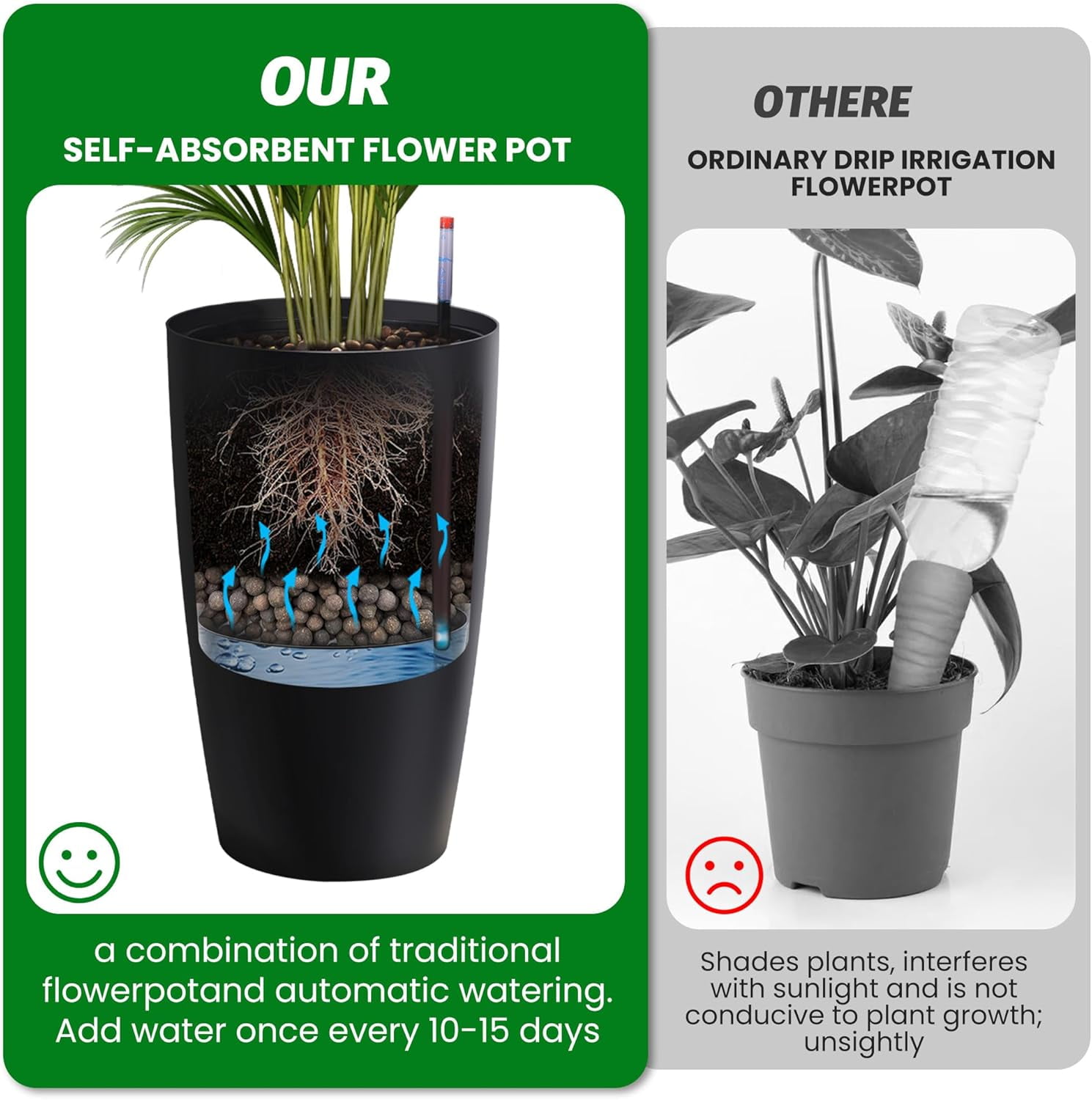 16"/22" Tall Planters (Set of 2) - Self-Watering Indoor Plant Pots with Drainage & Water Level Indicator, Modern Flower Pots for Patio, Living Room & Office