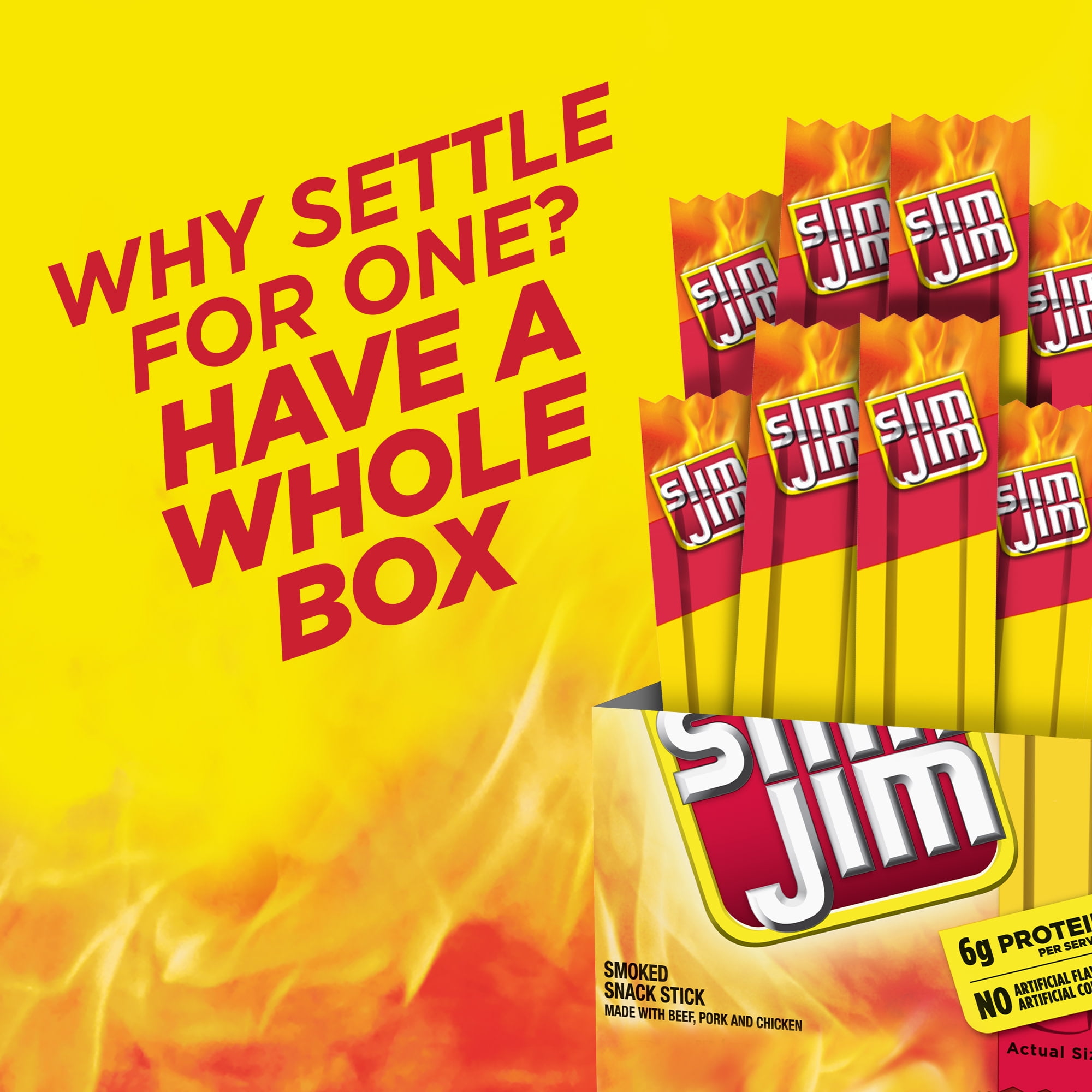 Slim Jim Smoked Meat Sticks, Original Flavor, 6g Protein Per Serving, Snack Size, 0.28 oz. (14 Count) Slim Jim Smoked Meat Sticks, Original Flavor, 6g Protein Per Serving, Snack Size, 0.28 oz. (14 Count)