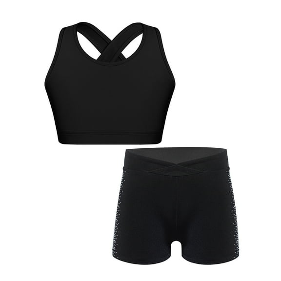 renvena Kids Girls Sport Dance Outfits 2Pcs Cross Back Sleeveless Vest with Sparkly Rhinestones Black 6