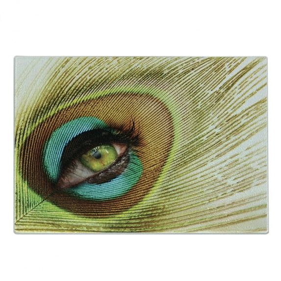 Peacock Cutting Board, Woman Looking Through Peacock Feather Eye Creative Abstract Illustration, Decorative Tempered Glass Cutting and Serving Board, Small Size, Green Brown Turquoise, by Ambesonne