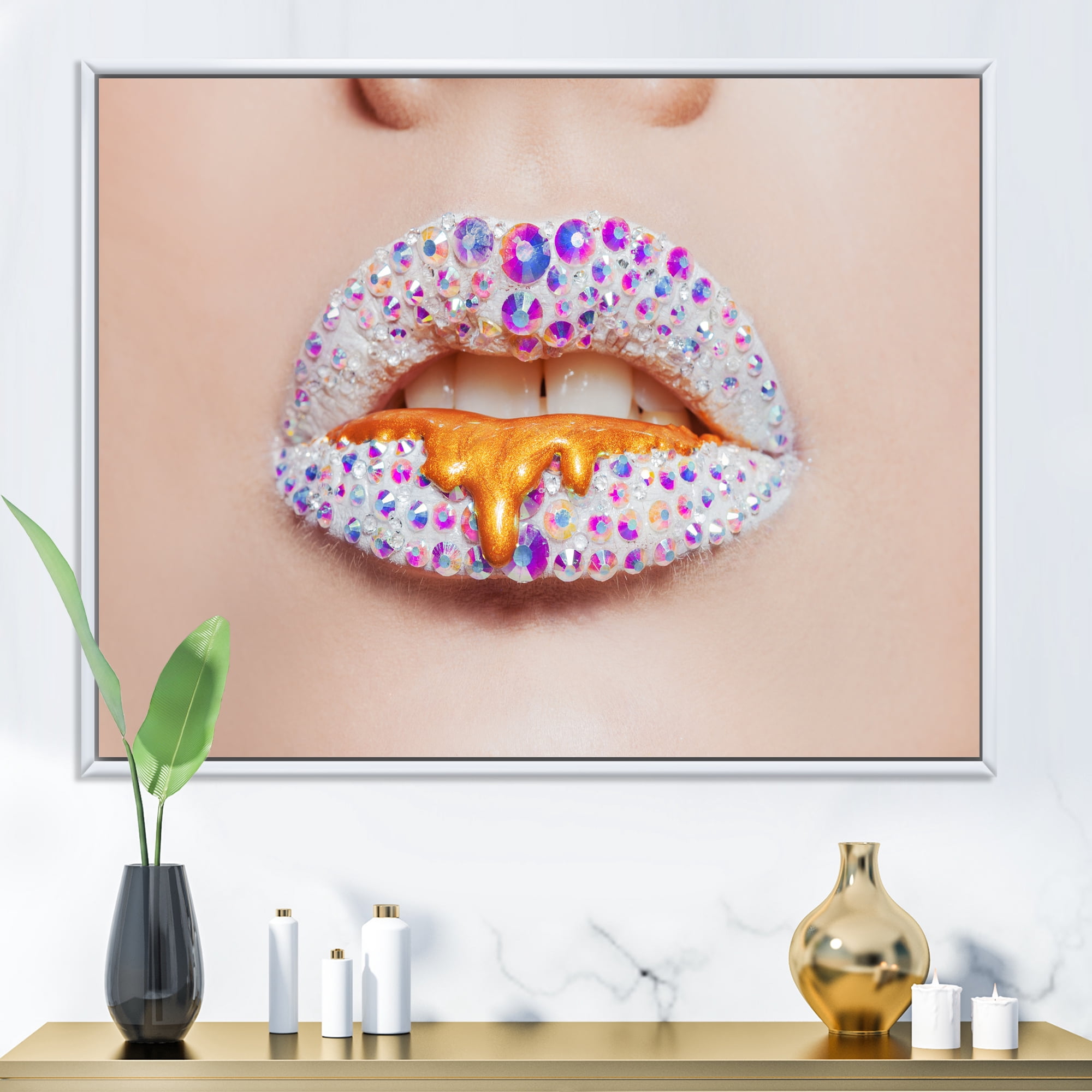 Designart 'Shining Woman Lips Covered With Rhinestones and Smudges' Modern Framed Canvas Wall Art Print