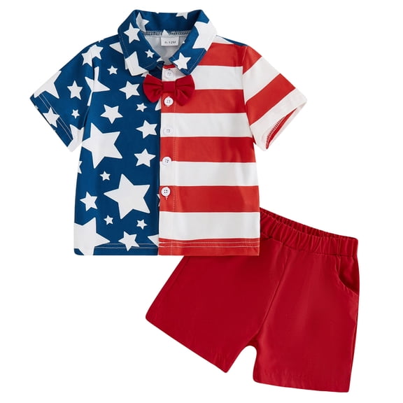 Povozer 4th Of July Outfits for Kids Toddler Independence Day Clothes Set Toddler Baby Boy 4th Of Outfits Gentleman Button Down Shirt Dress Shorts Fourth Of July Clothes Set Size 1-2 Years,Red