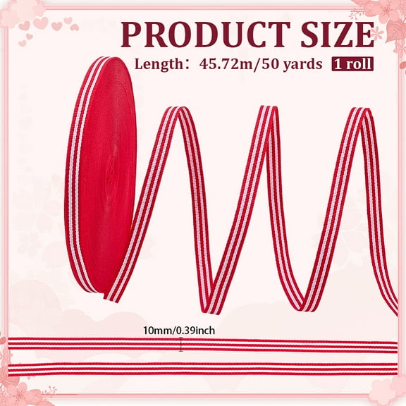 1set 50 Yards Striped Ribbon Red White Grosgrain Ribbon 3/8 Inch Polyester Fabric Cane Ribbon for Gift Wrapping Christmas Tree Crfats Sewing Home Party Wedding Decoration