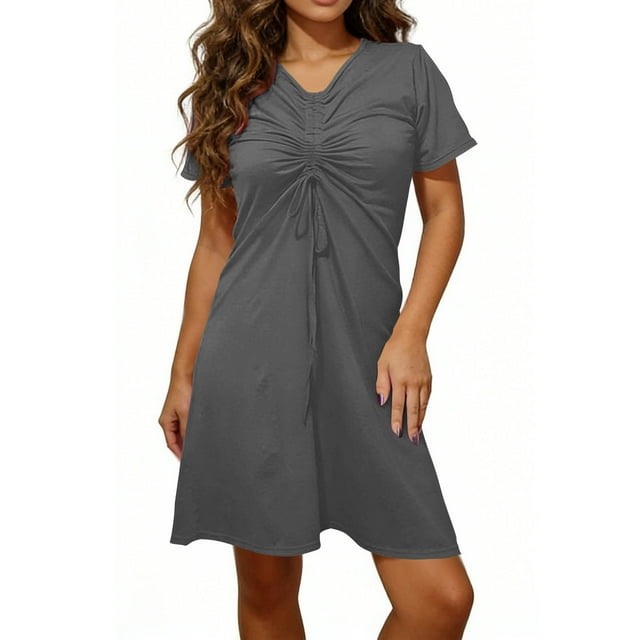 Mceream Robes d'Été pour Femmes Grande Taille Midi Froncées Robes Ajustables à Torsade devant Col en V 2026 Vacances Élégantes à Manches Courtes Boho Robe de Plage Gris Foncé L