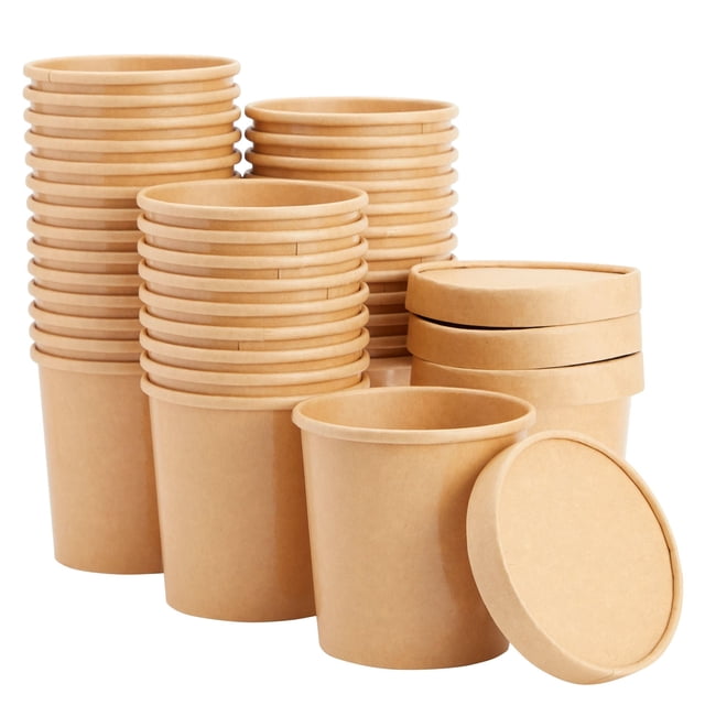 Paquete de 36 recipientes desechables para sopa con tapa, 16 oz, para llevar, para helado, preparación de comidas, alimentos fríos y calientes, avena, papel kraft (4 x 4 pulgadas)