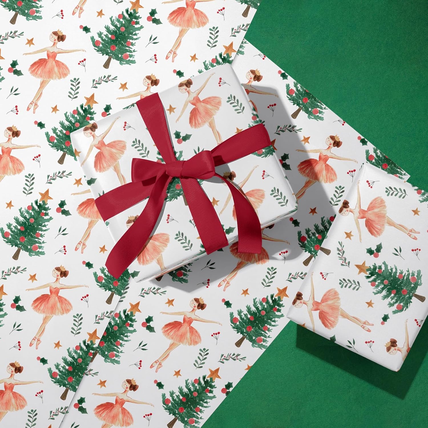 Kraft Christmas Wrapping Paper - Mini Roll - 17 Inch x 33 Feet - Sugar Plum Fairy Wrapping Paper with Christmas Tree Design for Holiday, Party Celebration