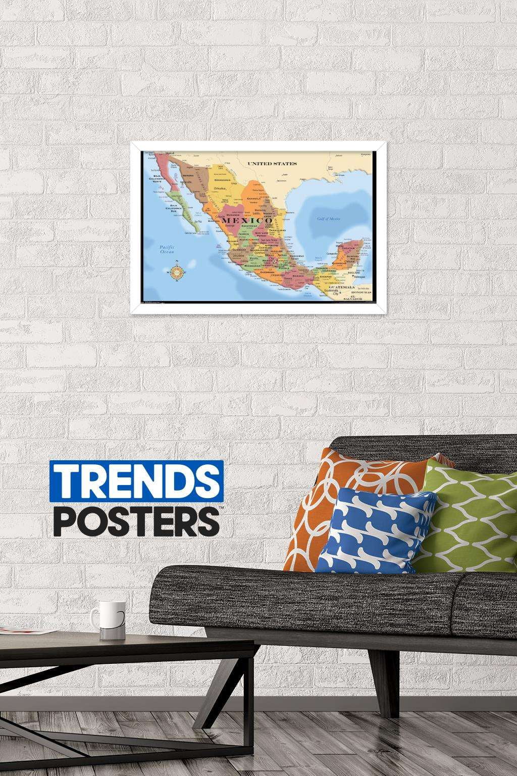 Map - Mexico Wall Poster, 14.725" x 22.375", Framed
