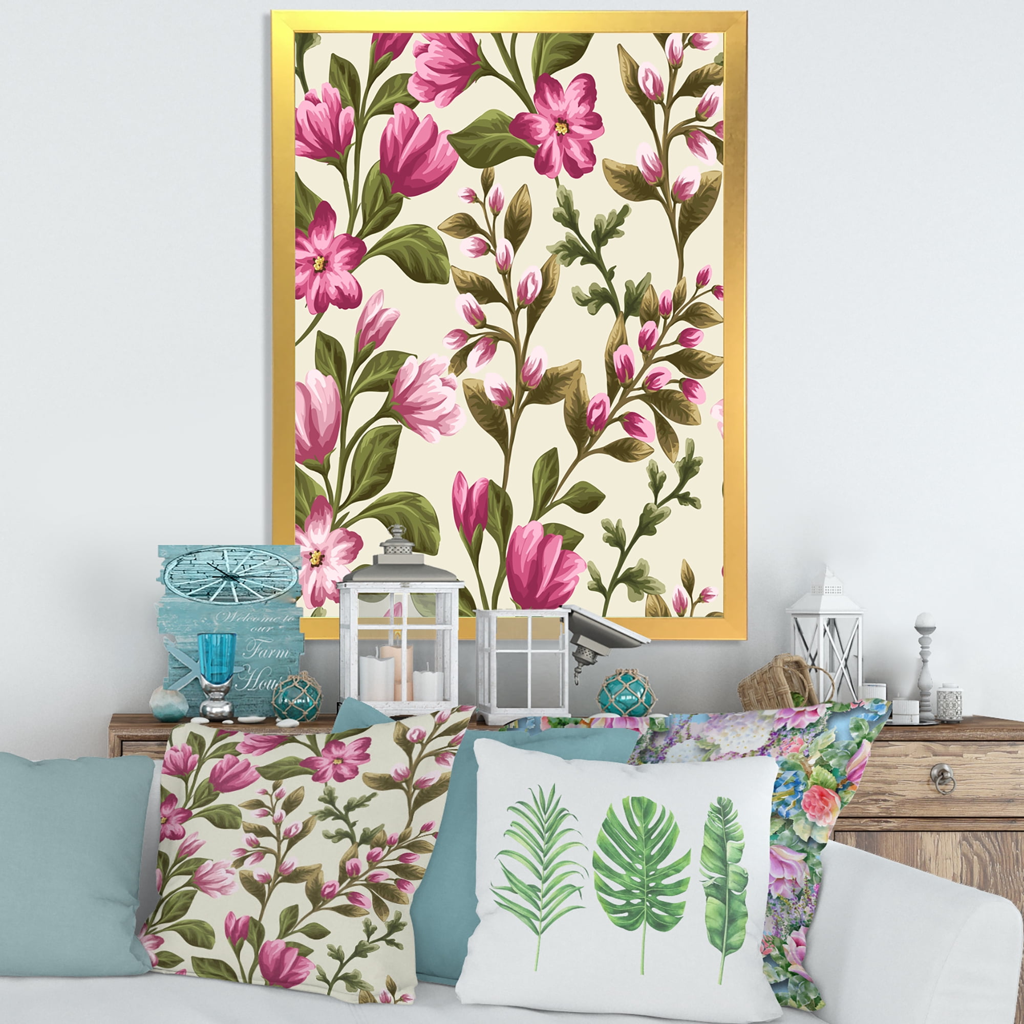 Designart 'Pink Vintage Wildflowers' Traditional Framed Art Print