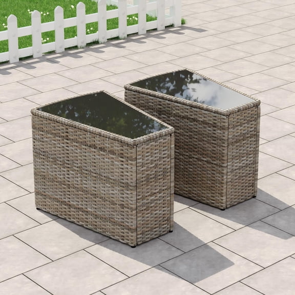 Jocisland Wicker Outdoor Side Table with Storage & Glass Top, Brown