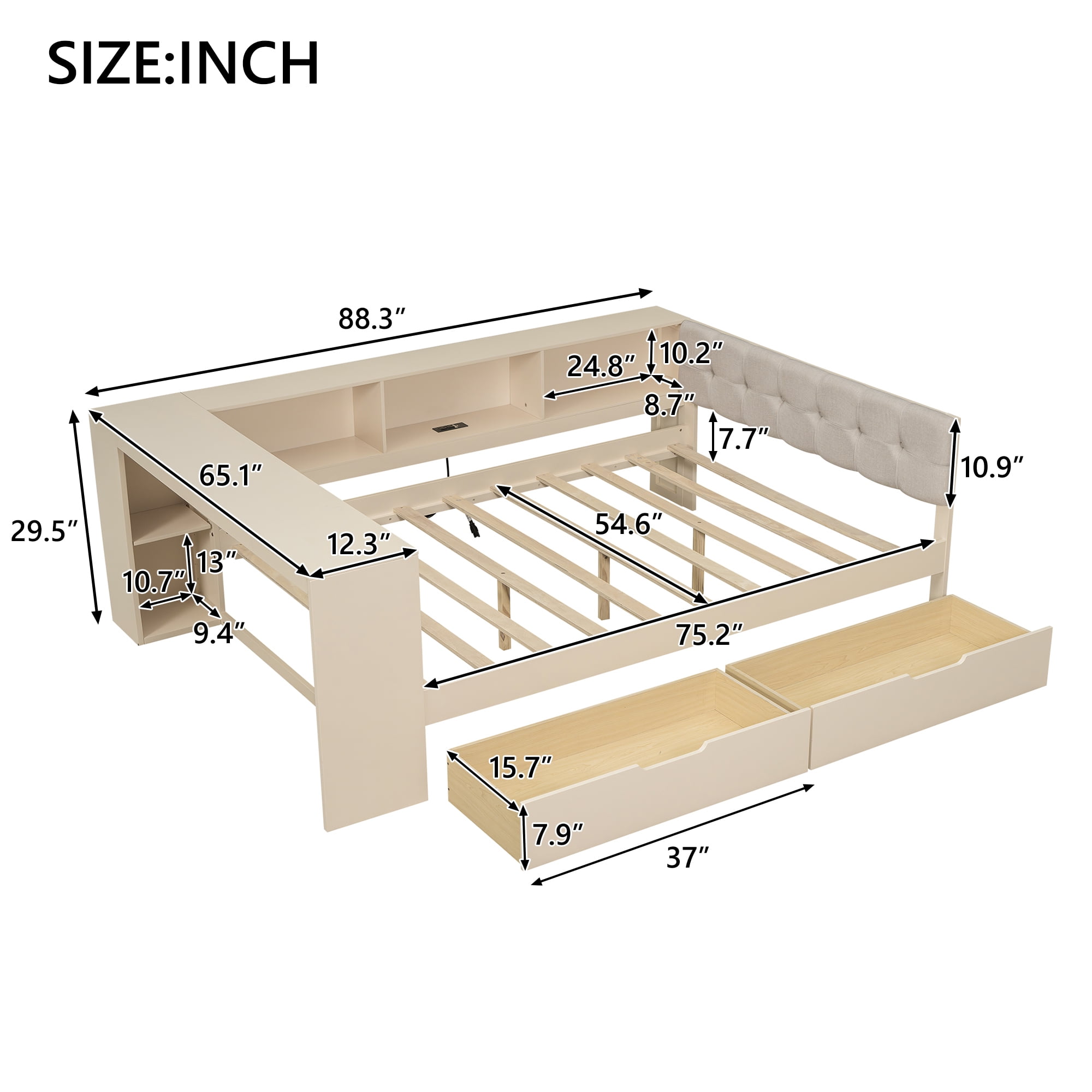 Euroco Wood Full Size Platform Bed with Desk and Shelves, Drawers and USB Charging, Cream