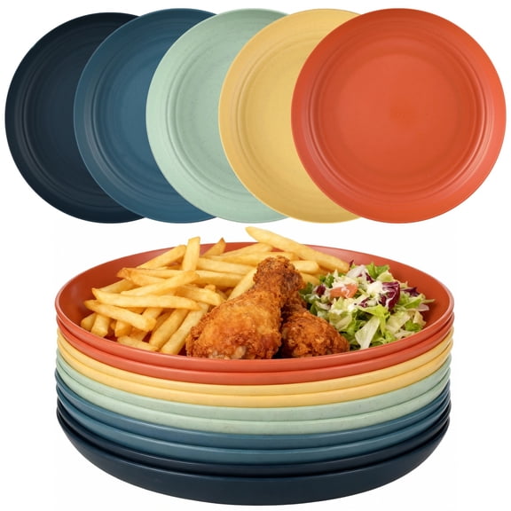 10 Pcs Wheat Straw Plastic Dinner Plates Set, 9.8 in Unbreakable Reusable Plates, Microwave Dishwasher Safe Large Colorful Plates for Parties and Daily Use