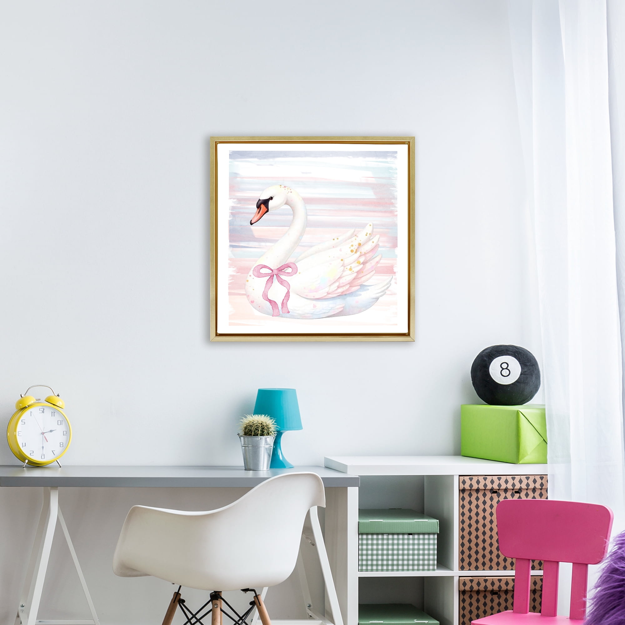 Pastel Swan with Ribbon Gold Framed Floater Canvas Wall Art, design by Kim Allen