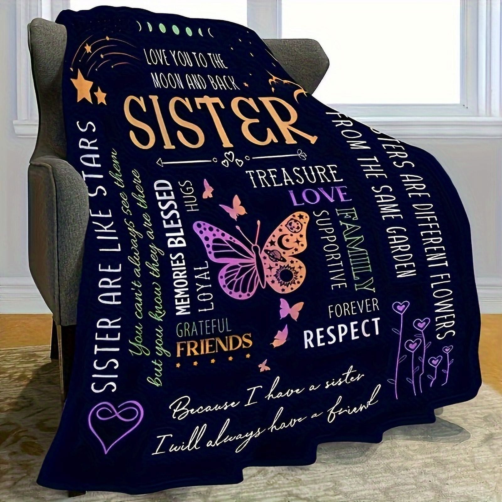 To My Sister" Flannel Blankets Soft Warm Throw Blanket For Office Camping Travel Versatile All-Season Gifts With Inspirational Messages And Butterfly Design Christmas Presents New Year's