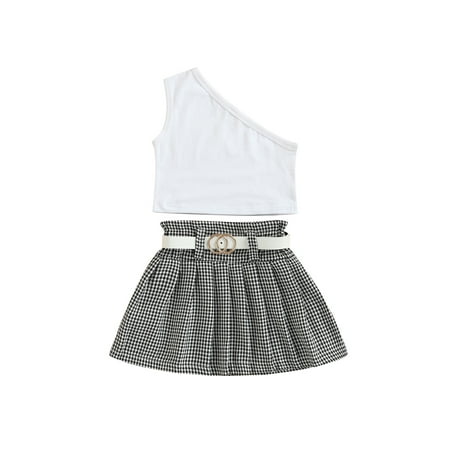 

Kids Baby Girls Skirts Outfits with Belts Sleeveless One Shoulder Vest Tops Plaid Mini Skirt Sets for Toddler