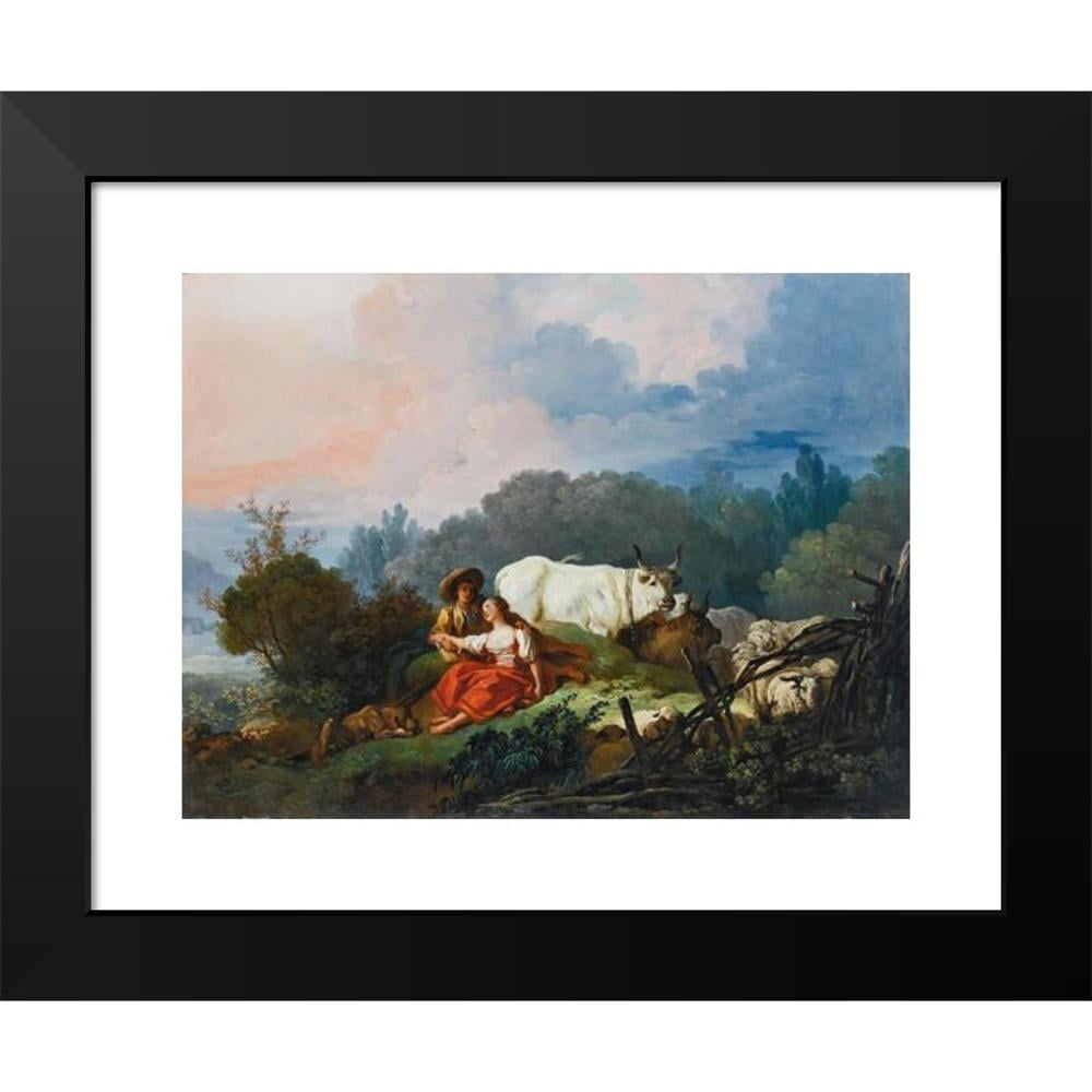 Jean-Honoré Fragonard 18x15 Black Modern Framed Museum Art Print Titled - Pastoral Landscape with a Shepherd and Shepherdess at Rest