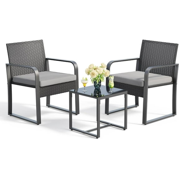Gizoon 3 Piece Patio Bistro Set, Outdoor Wicker Furniture Sets, Modern Rattan Chair Conversation Sets with Coffee Table, for Yard, Garden, Balcony, Poolside, Grey