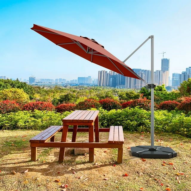 Gymax 11Ft Patio Offset Hanging Cantilever Umbrella w/ 360° Tilt Base Brick Red