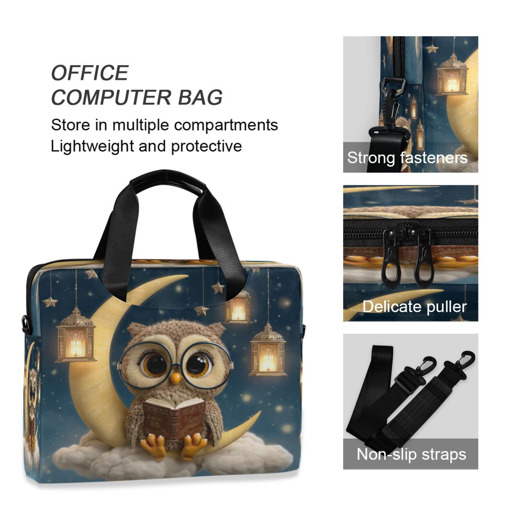 16" Laptop Briefcase, Detachable Anti-Slip Shoulder Strap, Multi-Compartment Work Travel Bag Cute Owl