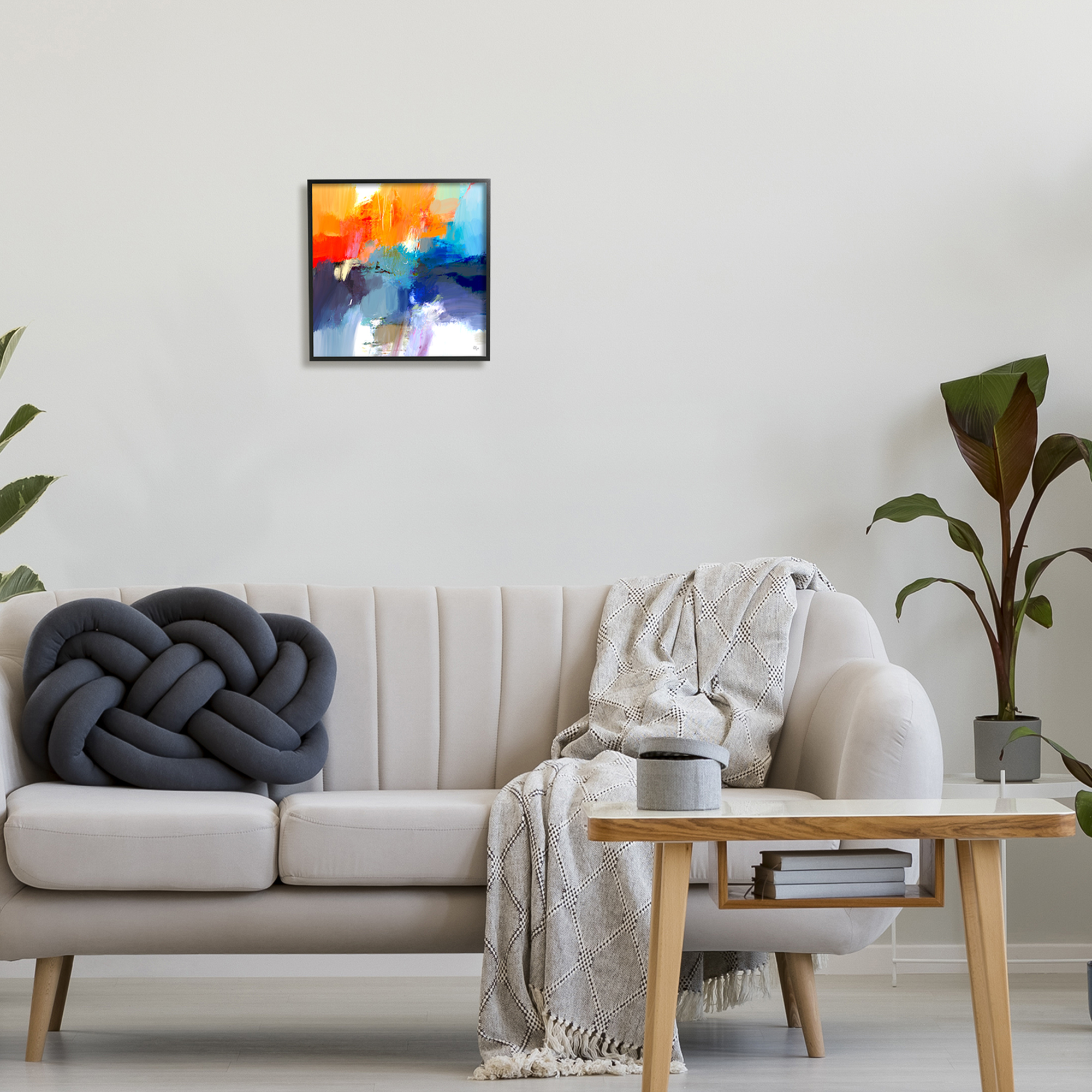Stupell Industries Orange & Blue Abstraction Abstract Painting Black Framed Art Print Wall Art, 12 x 12