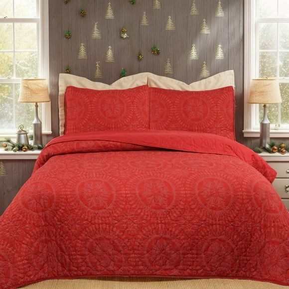 MarCielo King Size Quilt Set, Christmas Comforter Set with 2 Pillow Shams, Medallion Pattern 102" X 92" - Red