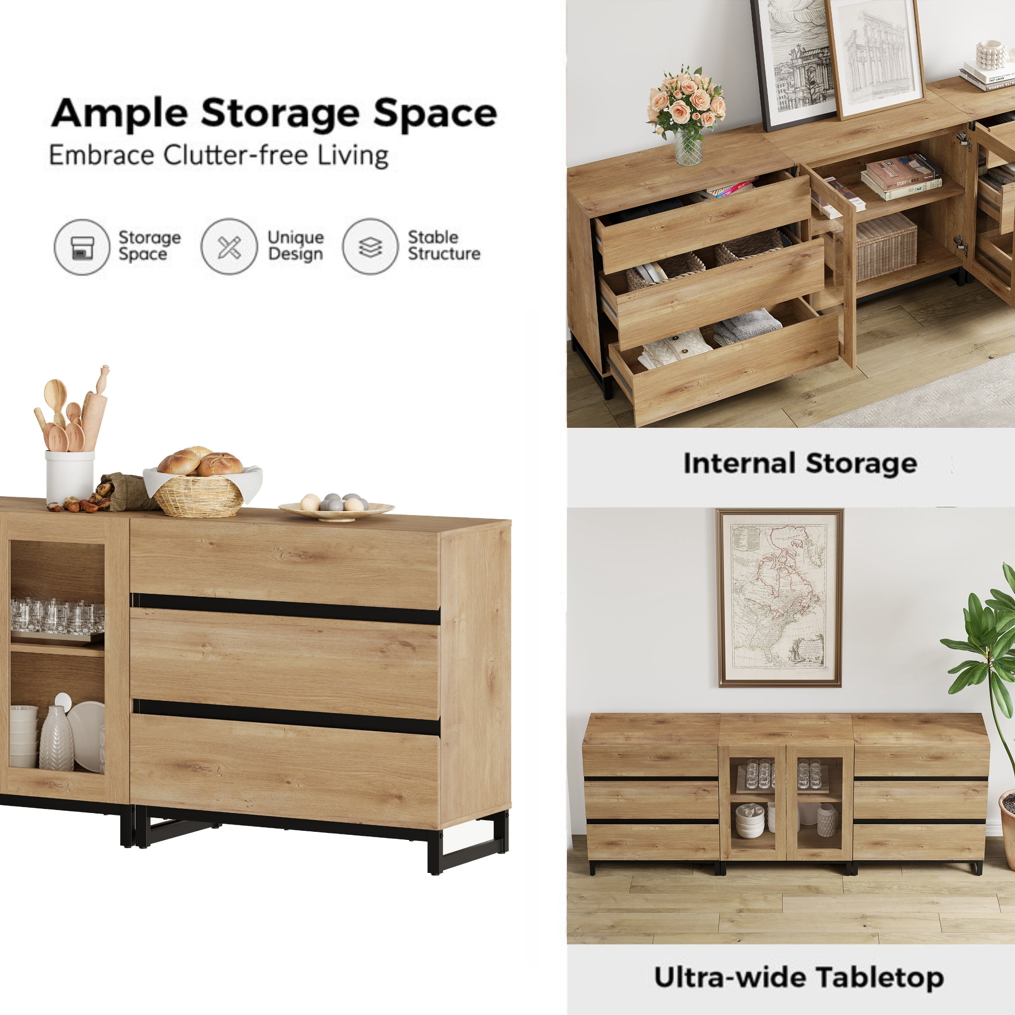 3 In 1 Multifunctional Dresser with Glass Doors & 6 Drawers, Modern Chest of Drawers with Adjustable Shelf and Metal Base, Household Storage Cabinet for Bedroom,Oak