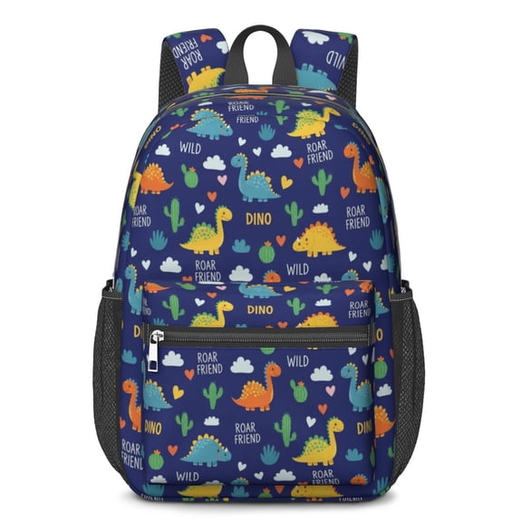 Blue Dinosaurs with Clouds and Text 17" Waterproof Oxford School Backpacks for Teens, S-Shape Padded Straps, for School, Travel, Hiking, Camping