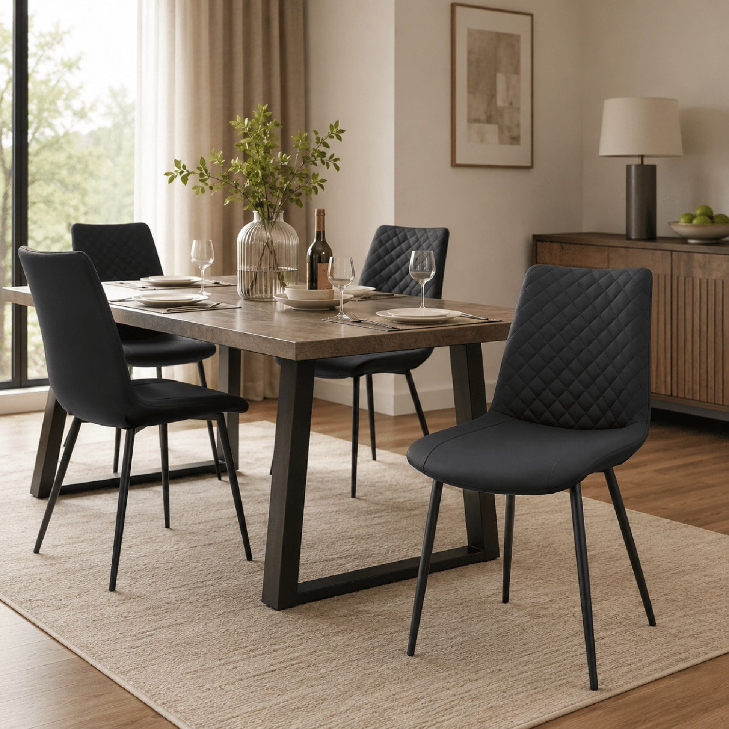 Modern PU Leather Dining Chairs, Set of 4, Diamond-Quilted Faux Leather Upholstery, Metal Frame, 300 lb Capacity, for Dining Room, Kitchen, Living Room