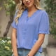 thumbnail image 2 of Blusa elegante de trabajo de manga corta con botones, talla M, blusa con escote en V y volantes en azul cielo, 2 of 6
