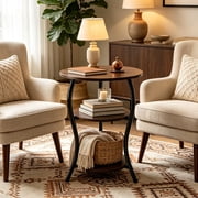 NUBILY Vintage 3-Tier Round Side Table, 15.8Lx15.8Wx24.8H, Slim Waist Design, Compact for Small Spaces, Brown Storag Shelf, MDF Top & Iron Frame