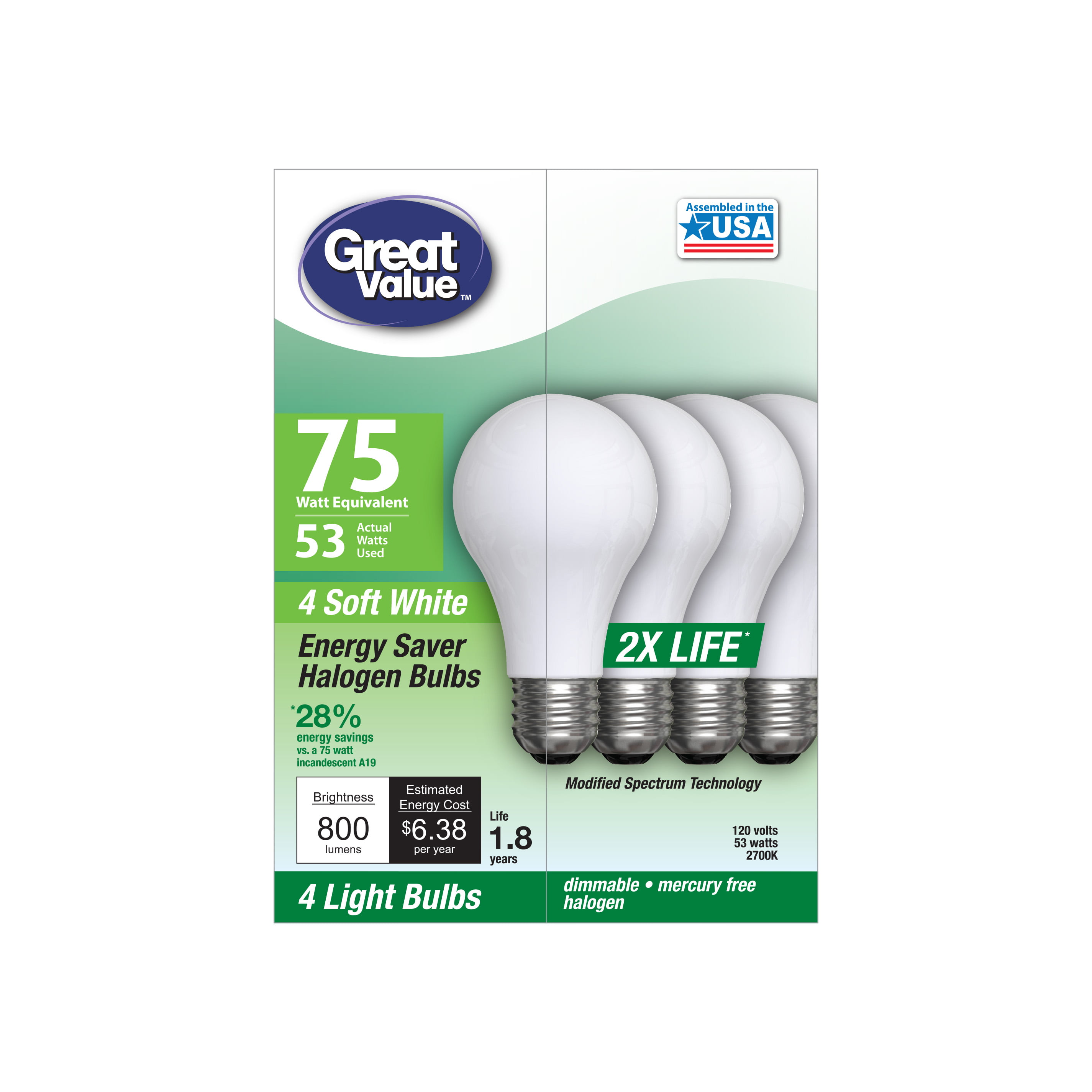 4 PK Sylvania Double Life Soft White Halogen 75W Replacement light bulb uses 53W 