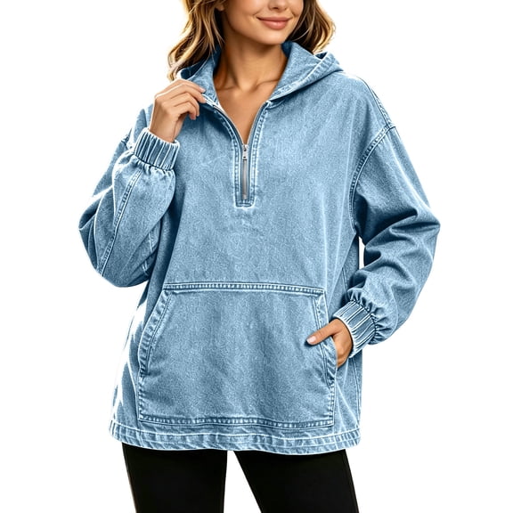 IUYRTFE Women Denim 1/4 Zip Hooded Pullover Long Sleeve Loose Fit Top with Pockets